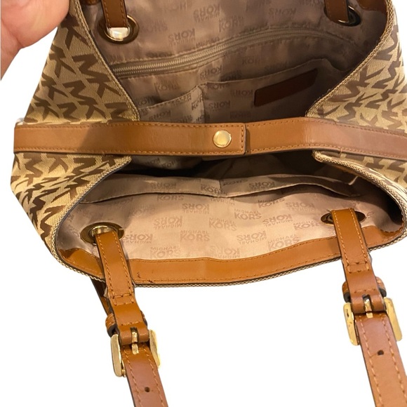Michael Kors Jet Set brown & tan canvas Logo Tote Handbag satchel shoulder Purse - Picture 8 of 16